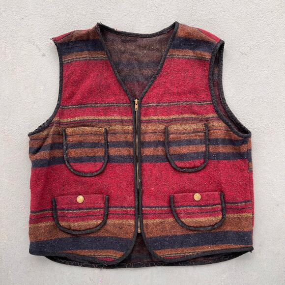 Vintage Striped Saddle Blanket Woven Vest Zip Up Pockets - Picture 1 of 5